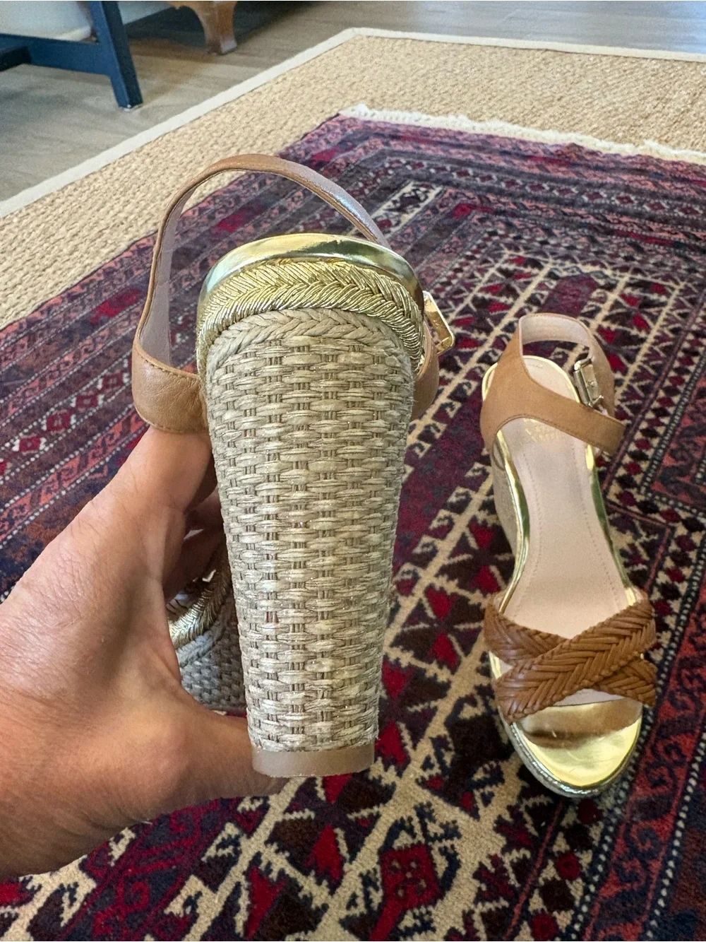 Vince Camuto Braided Tan Leather Wedge Sandals with Gold Platform